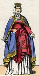 Dynasty of the Capetians: Portrait of Isabelle de Hainaut (1170-1190) Queen of France, wife of Philip II known as Philip Augustus (1165-1223). Epinal imaging from the end of the 19th century. Private collection.