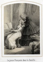 Education for young girls of good families: a young French woman sitting on the piano is taken over by her housekeeper