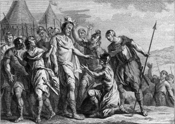 Election of Merovee or Merovech as leader of the Salian Franks in 448. First Merovingian king, he reigned until 458. Engraving of the 18th century