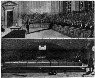 Electric light experiment performed in 1813 by Humphry Davy, in his chemistry course at the Royal Institution of London. Engraving in 