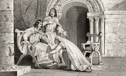 Emme kisses the knee of her husband Raoul in recognition of his sovereignty, from 