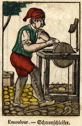 Emouleur (consists in sharpening objects with the grinding wheel); Series on Crafts, Image of Epinal of the 19th Century