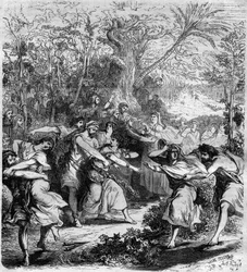 Emperor Nicephorus III Botaniates (1001-1081), Byzantine emperor from 1078 to 1081, had the young boys and girls abducted. Engraving in “Histoire des Papes-Rois-Queen and Empereurs a travers les centuries” by Maurice Lachatre