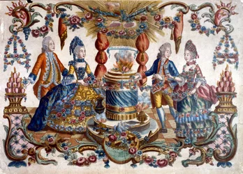 Engraving Depicting French Noblemen and Woman Walking in a Garden, 18th Century