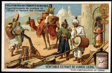 Evolution of musical instruments: Arab musical instruments from the East to the Crusades era. Bendir, Duff, oud, Rabab and other string instruments, wind and percussion (drum). Late 19th century Liebig chromolithography