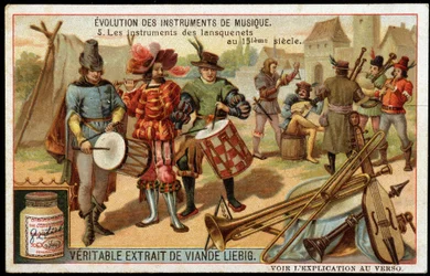 Evolution of Musical Instruments: The Instruments of the Lansquenets in the 15th Century. Military Drum, Flute, Triangle, Trumpet, a Kind of Bagpipe and Other String Instruments. Late 19th Century Liebig Chromolithography.