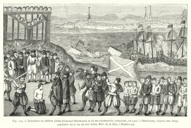 Execution of the famous German pirate Stoerteneck and his seventy accomplices, in 1402, in Hamburg; after a popular image from the late 16th century, City Library, Hamburg