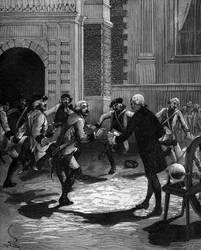 Experiment of the Leyden jar by Abbe Jean Antoine Nollet (Jean-Antoine) (1700-1770), French physicist at Versailles, where 180 guards were struck at the same time. 1746