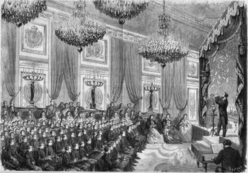 Physics experiments performed by Henri Robin in honor of the best students of the Lycees of Paris, a show offered by the Prince Imperial at the Tuileries Palace, January 27, 1865. Present: the Prince Imperial, son of Napoleon III