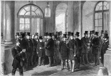 Extension of the presidential term of the marshal of Mac-Mahon, establishment of the septennat in France, November 1873: view of the entrance door of the Assemblée de Versailles, on the day of discussion of the prorogation. From left to right
