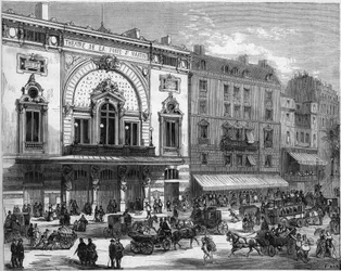 Exterior view of the Porte Saint Martin theatre in Paris, rebuilt in 1873