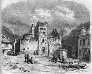 Exterior view of the church of Saint Andre (church of the Templars), fortified in the 14th century. Luz-Saint-Sauveur, Hautes Pyrenees (65)