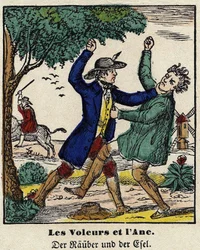 Fables de La Fontaine: the thieves and the donkey. Image of Epinal, first half of the 19th century