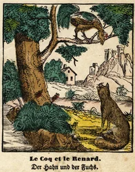 Fables of La Fontaine: The Rooster and the Fox. Image of Epinal, first half of the 19th century