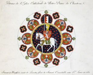 Facsimile from a stained glass window of the church of our Lady of Chartres: Simon de Montfort, count of Leicester, brother of Simon Constable under Saint Louis in 1231.
