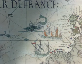 Facsimile of Whaling and Isle of Saint Brandon, detail from a portolan map by Pierre Desceliers, 1546, published in Monuments de la Geographie by Edme Francois Jomard