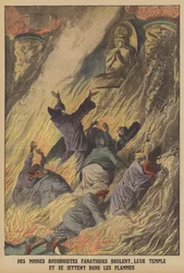 Fanatical Buddhist monks burning their temple and throwing themselves into the flames on the island of Formosa