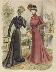 Fashion plate, in the living room, illustration from La Nouvelle Mode, 1897