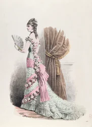 Fashion plate of a woman in evening dress and with a fan