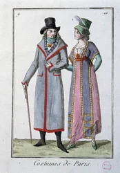 Fashion Under the Directoire: A Couple of Elegant Parisians. Anonymous Lithography of 1795. Paris, Costume Museum