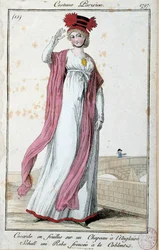 Fashion under the Directoire: elegant young woman wearing a Parisian costume, cockade of ribbons on an English hat, dress with Coblenz pleats. Anonymous engraving. 1797, Paris, Musée du Costume