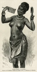 Okanda Woman Has Her Toilet, Drawing by D. Maillard, to Illustrate the Story of a Trip to Gabon and the Ogoue River, in 1875-1877, by Alfred Marche. Engraving in Le Tour du Monde