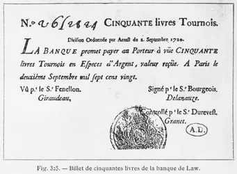 Fifty pounds French banknote from the Law Bank, dated 2nd September 1720