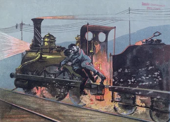 Fight between Jacques Lantier and Pecqueux on the train, Le Lison, scene from La Bete Humaine by Emile Zola, illustration from Le Petit Rouennais