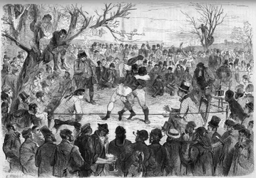 Fighting sport: boxing match between two “prize fighters” in the English campaign