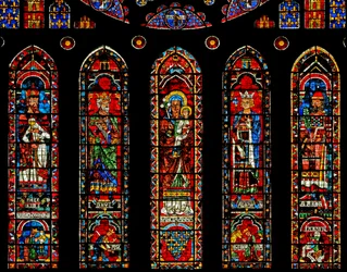 Figures Beneath the North Rose Window: Melchisedek, David, St Anne, Solomon, Aaron and Scenes