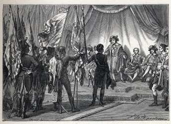 First coalition: Joachim Murat (1767-1815) presents to the Executive Board the flags conquered by the French army, commanded by Napoleon Bonaparte, during the Italian campaign. Engraving from 1889. Private collection