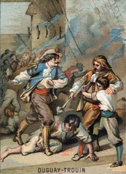 First feat of Rene Duguay Trouin (Duguay-Trouin) (Rene Trouin du Gue dit) (1673-1736), French sailor: Duguay - Trouin combattant Wassenaer (1695). Chromolithography of the Series Patriotic Education through Image