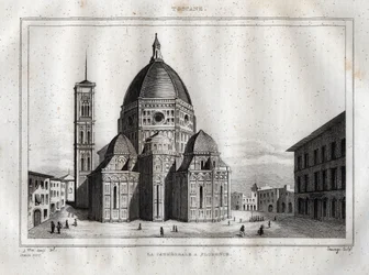 Florence Cathedral - View of the Cathedral of Florence, Duomo Santa Maria del Fiore. The dome was made by Filippo Brunelleschi around 1420-1436, Florence, Italy - Engraving from 