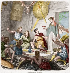 Foundation of Marseille in 600 BC: On the day of the arrival of the Greek sailors, the head of the Nams organizes a meal during which his daughter Gyptis has to choose her husband by offering him a cup. The Greeks were invited.