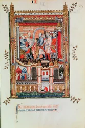 Sisinnius giving orders to St. Denis and his companions brought before him, from Vie de St. Denis, 1317