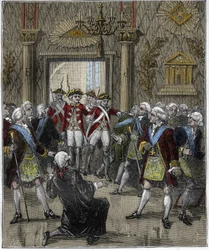 Freemasonry at Hotel de Soisson in Paris in June 1745: Freemason ceremony interrupted by the arrival of a police commissioner. Engraving in 
