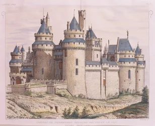 Pierrefonds Medieval Castle, Restored by Violet le Duc, from Moniteur des Architectes, Engraving