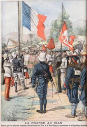 France taking over the territories of Krat and Koh-Kong, Siam after the Treaty of 1904 agreed between the Siamese and the French. Illustration for Le Petit Journal, February 1905