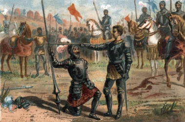 Francis I of France requesting to be knighted by the Chevalier Bayard after victory at the Battle of Marignano, Italy