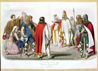 Frankish and Merovingian costumes, historical fashion plate from Les Modes Francaises - Journal des Tailleurs, 1836