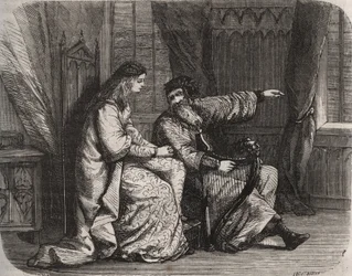 Fredegonde confides his concerns to harp player Barbantini because his lover Chilperic, then the King of the Francs Chilperic I, did not marry him. 565. Engraving from 1871 in 