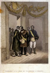 Freemasonry: Napoleon Joseph Charles Paul Bonaparte, nicknamed Prince Jerome or Plonplon being identified at the entrance of the Temple of Faubourg Saint Marcel. Engraving from 