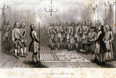 Freemasonry: secret meeting in a lodge in Paris in 1740. Engraving from “Picturesque History of Freemasonry and Ancient and Modern Secret Societies” by F.-T. B. Clavel. Pagnerre, publisher. 1843.