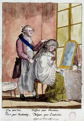 French Revolution: Cartoon on the flight of the royal family to Varenne on 20 and 21/06/1791: King Louis XVI styling Queen Marie Antoinette was supposed to leave with the false passport of governess of the children of the Baroness of Korff. Anonymous colou