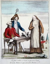 French Revolution: caricatural representation of a member of the clergy forced to return the property of the church. 