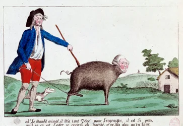 French Revolution: cartoon depicting a revolutionary bringing Louis XVI back into the shape of a pig of the march and not knowing what to do with it. 1792. Anonymous coloured etching, Sun 14 x 22.8, Paris, Musée Carnavalet
