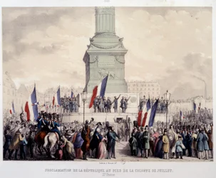 French Revolution of 1848: proclamation of the Second Republic at the foot of the July column on Place de la Bastille on 25/02/1848. Lithograph of the 19th century. Paris, Musee Carnavalet