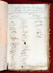 French Revolution: sheet from an attendance register dated 26/12/1797 (6 Nivôse, Year VI), with the signatures of persons who attended a National Institute. Paris, Academy of Sciences