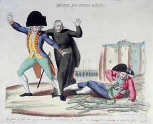 French Revolution: the awakening of the Third Estate (Third Estate). Cartoon on the three orders. He freed himself from his chains under the frightened eyes of the army and the clergymen. French print from 1789. Paris, B.N.