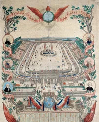French Revolution: view of the feast of the national federation on 14/07/1790 at Champs de Mars. Engraving from 1790. Paris, National Archives